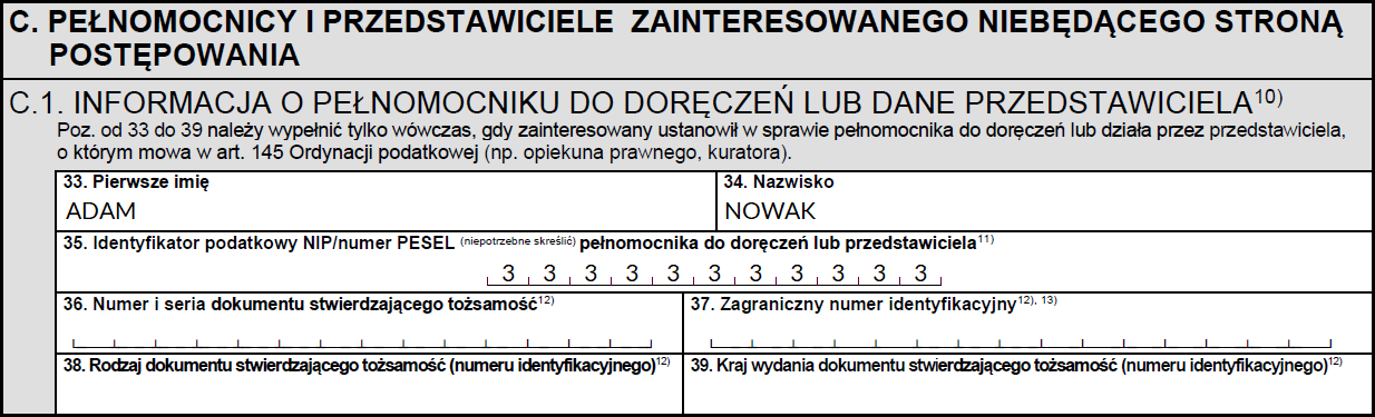 Informacja o pełnomocniku do doręczeń lub dane przedstawiciela