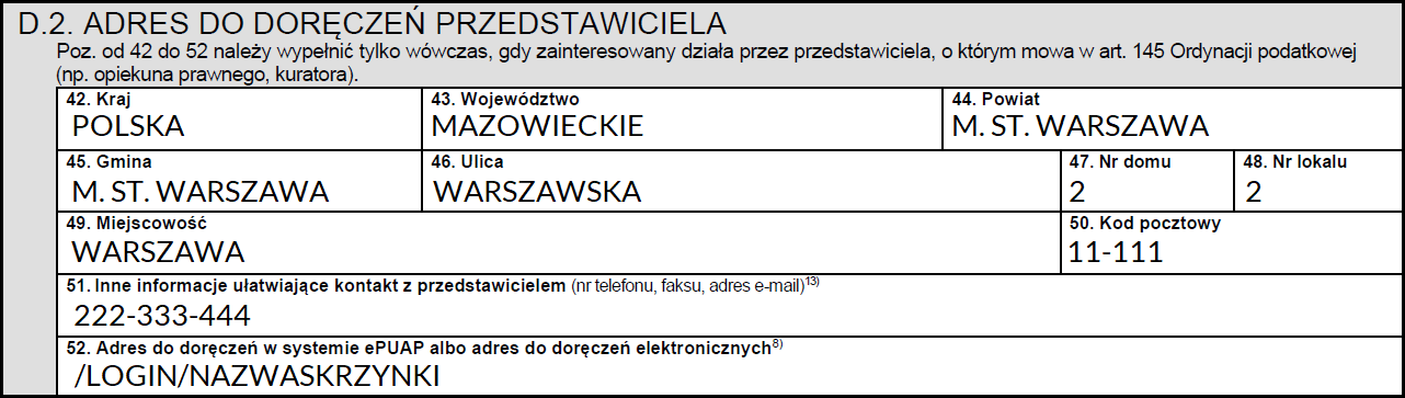 Adres do doręczeń przedstawiciela