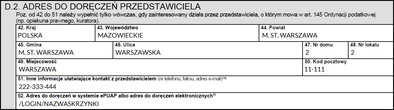 Adres do doręczeń przedstawiciela