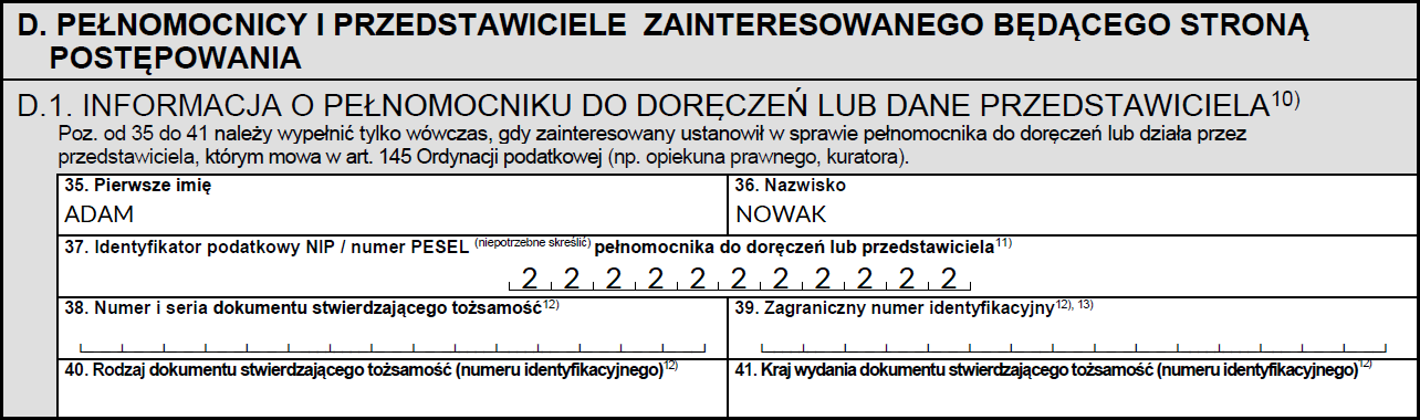 Informacja o pełnomocniku do doręczeń lub dane przedstawiciela