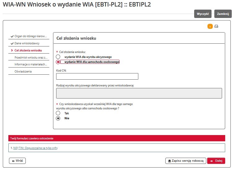 fragment ekranu systemu PUESC z podkreślonym tekstem: „wydanie WIA dla samochodu osobowego”