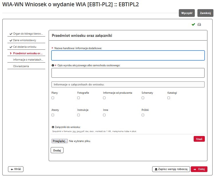 fragment ekranu systemu PUESC przedstawiający „Przedmiot wniosku oraz załączniki”