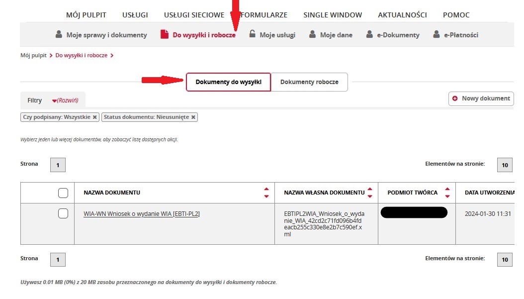 fragment ekranu systemu PUESC z czerwonymi strzałkami wskazującymi na tekst: „Dokumenty do wysyłki” oraz „Do wysyłki i robocze”