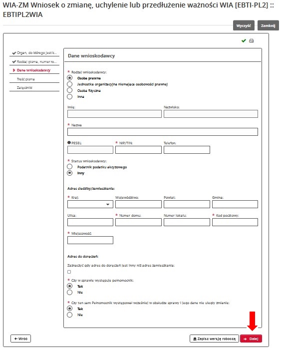 fragment ekranu systemu PUESC z czerwoną strzałką wskazującą na tekst: „Dalej”.