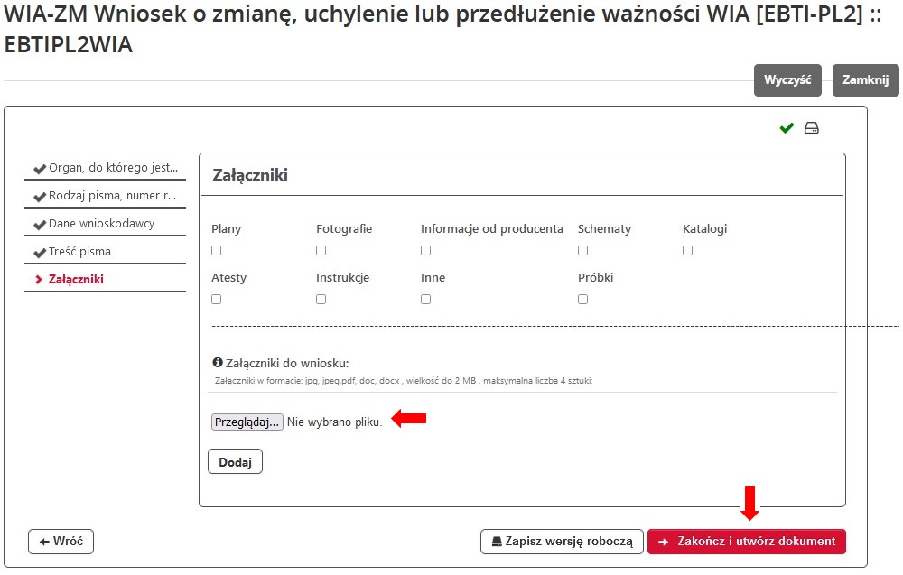 fragment ekranu systemu PUESC z czerwonymi strzałkami wskazującymi tekst: ”Przeglądaj…” oraz „Zakończ i utwórz dokument”.