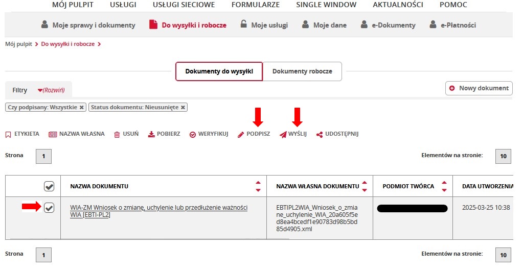 fragment ekranu systemu PUESC z czerwonymi strzałkami wskazującymi na tekst: „Podpisz”, „Wyślij” oraz symbol „☑”.