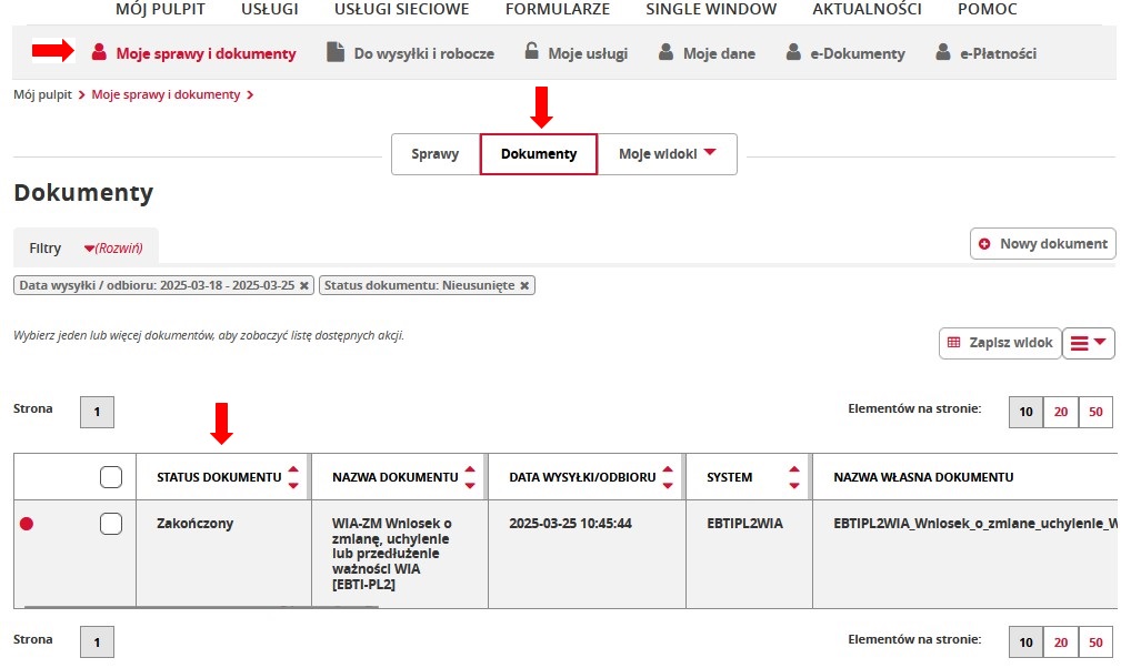 fragment ekranu systemu PUESC z czerwonymi strzałkami wskazującymi na tekst: „Moje sprawy i dokumenty”, „Dokumenty” oraz „Status dokumentu”.