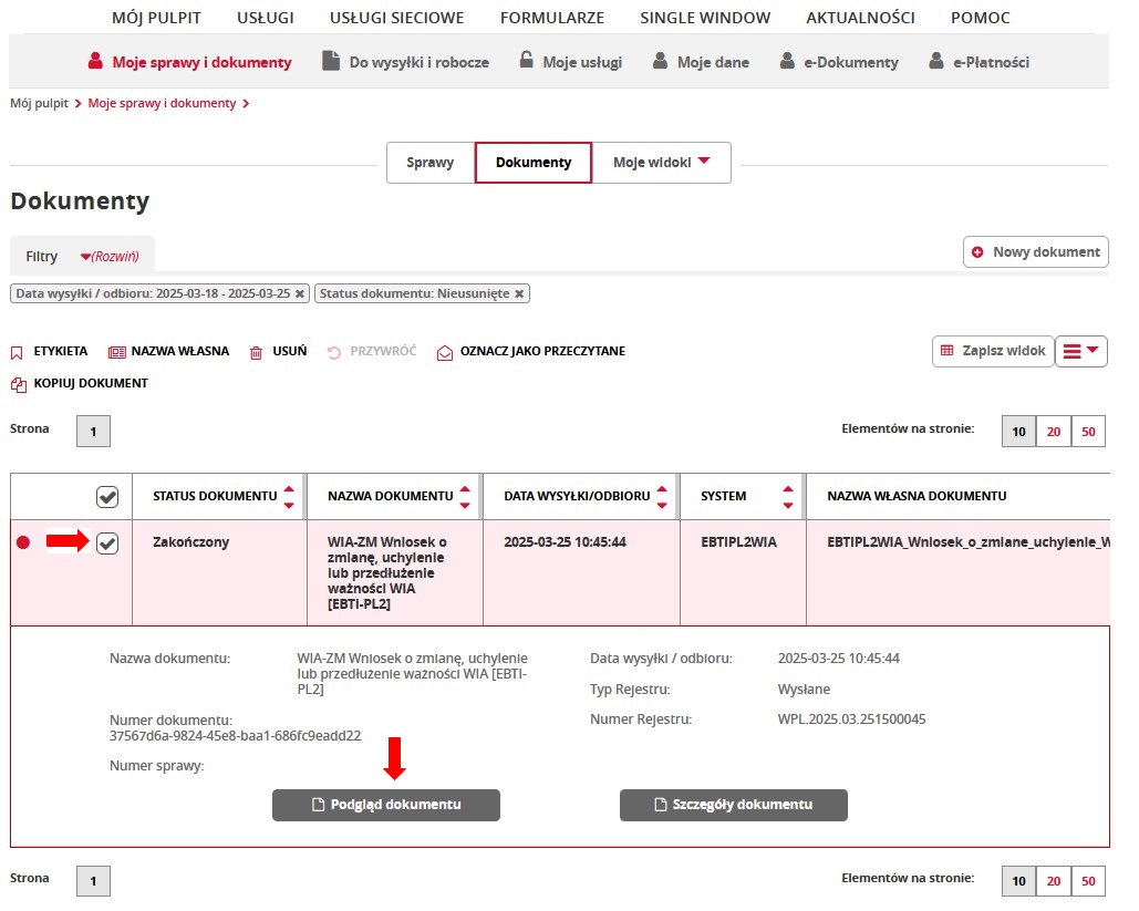 fragment ekranu systemu PUESC z czerwonymi strzałkami wskazującymi na symbol: „☑” oraz tekst: „Podgląd dokumentu”.