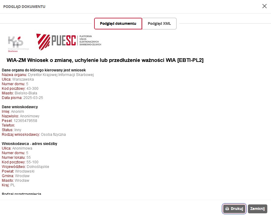 fragment ekranu systemu PUESC przedstawiający podgląd dokumentu.