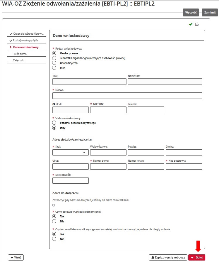 fragment ekranu systemu PUESC z czerwoną strzałką wskazującą na tekst: „Dalej”.