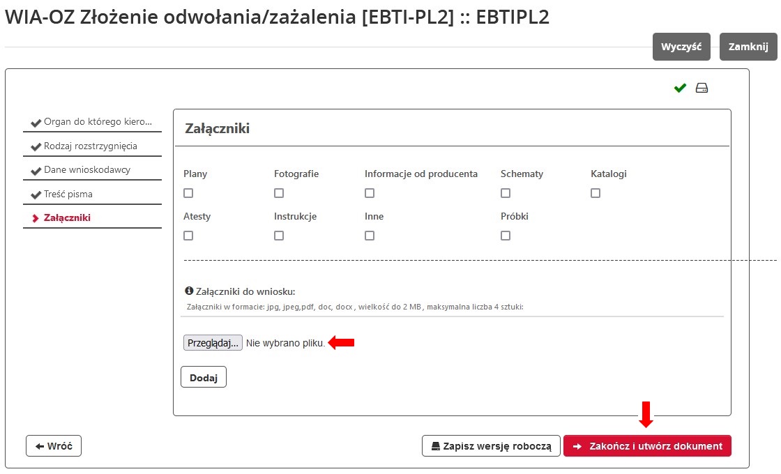 fragment ekranu systemu PUESC z czerwonymi strzałkami wskazującymi tekst: ”Przeglądaj…” oraz „Zakończ i utwórz dokument”.