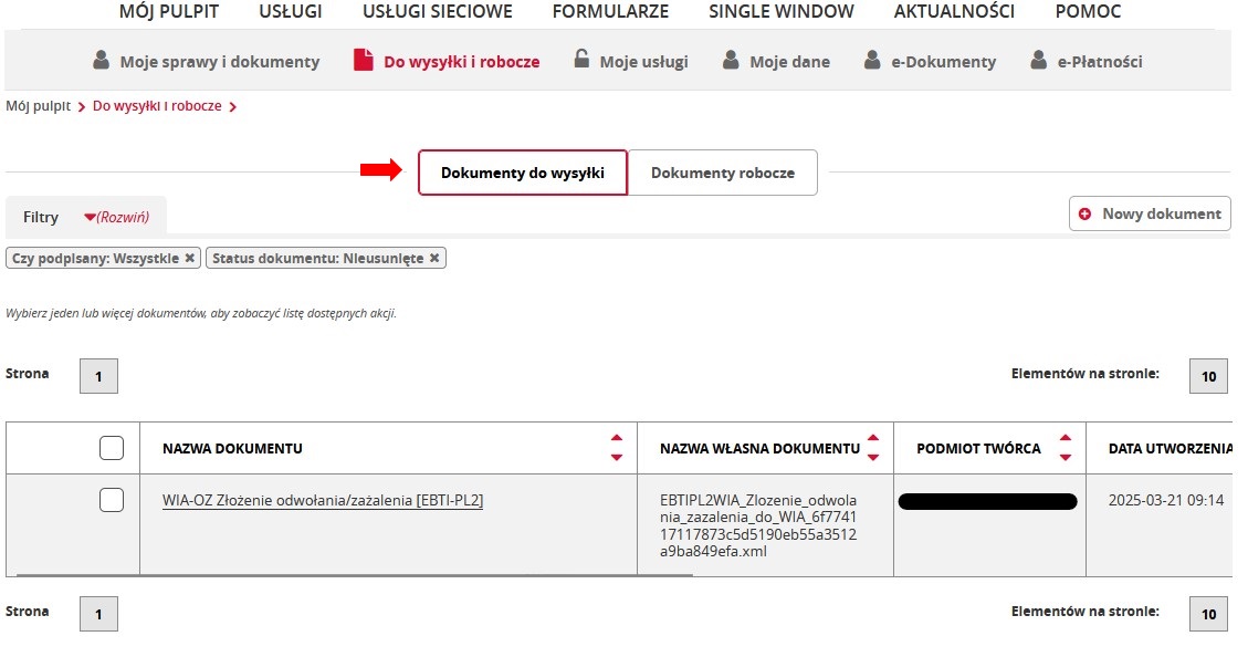 fragment ekranu systemu PUESC z czerwoną strzałką wskazującymi na tekst: „Dokumenty do wysyłki”.