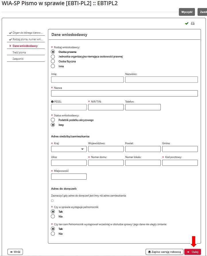 fragment ekranu systemu PUESC z czerwoną strzałką wskazującą na tekst: „Dalej”.