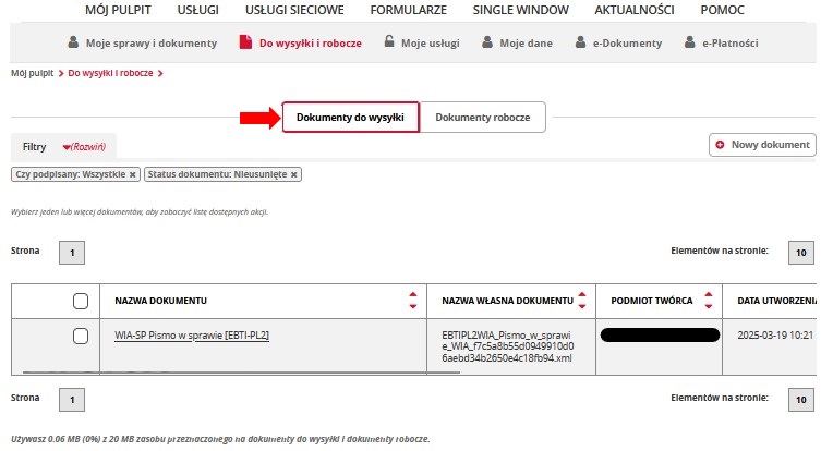 fragment ekranu systemu PUESC z czerwoną strzałką wskazującymi na tekst: „Dokumenty do wysyłki”.