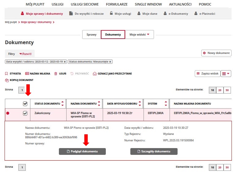 fragment ekranu systemu PUESC z czerwonymi strzałkami wskazującymi na symbol: „☑” oraz tekst: „Podgląd dokumentu”.
