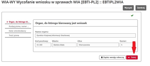 fragment ekranu systemu PUESC z czerwoną strzałką wskazującą na tekst:„Dalej”.