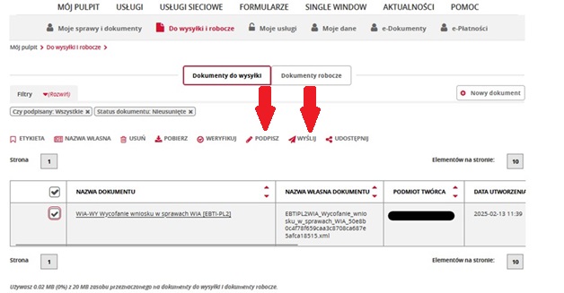 fragment ekranu systemu PUESC z czerwonymi strzałkami wskazującymi na tekst: „Podpisz” i  „Wyślij”.