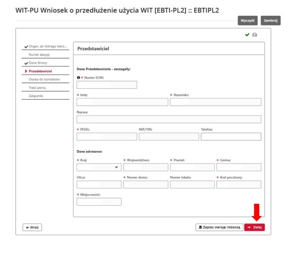 fragment ekranu systemu PUESC z czerwoną strzałką wskazującą na tekst: „Dalej”