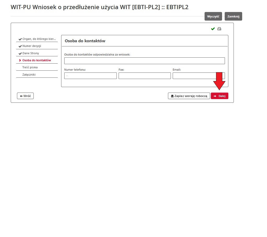 fragment ekranu systemu PUESC z czerwoną strzałką wskazującą na tekst: „Dalej”