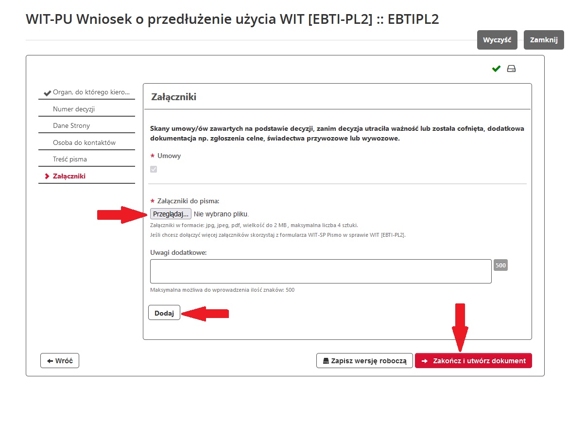 fragment ekranu systemu PUESC z czerwonymi strzałkami wskazującymi na tekst: „Przeglądaj”, „Dalej” oraz „Zakończ i utwórz dokument”