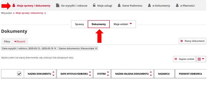 fragment ekranu systemu PUESC z czerwonymi strzałkami wskazującymi na tekst: „Moje sprawy i dokumenty”, „ oraz „Dokumenty”