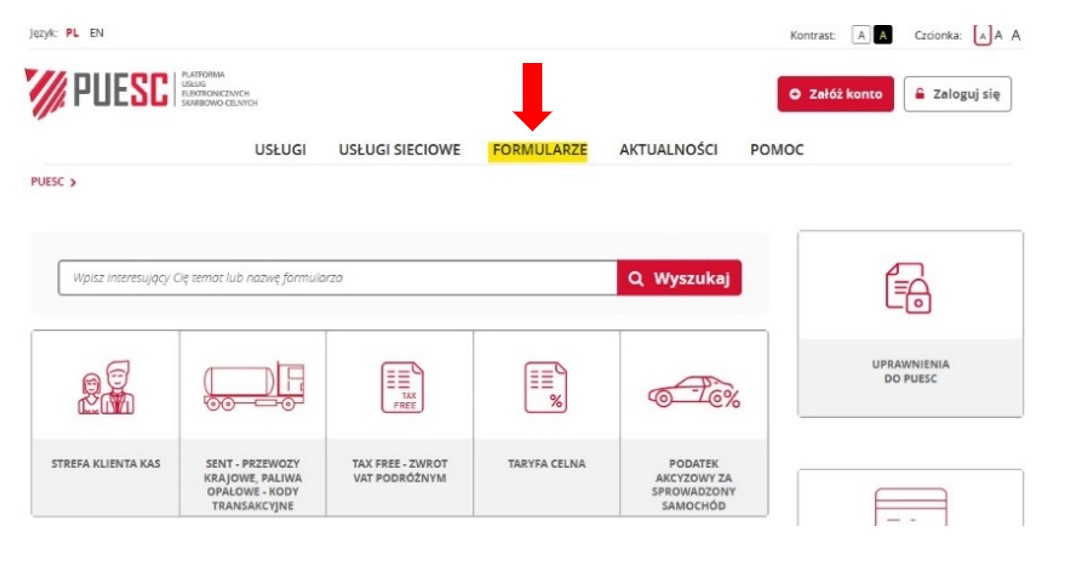 fragment ekranu systemu PUESC z zaznaczonym na żółto, z czerwoną strzałką wskazującą na tekst: FORMULARZE.