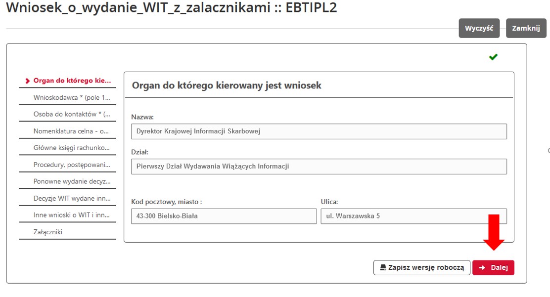 fragment ekranu systemu PUESC z czerwoną strzałką wskazującą na tekst: „Dalej”.
