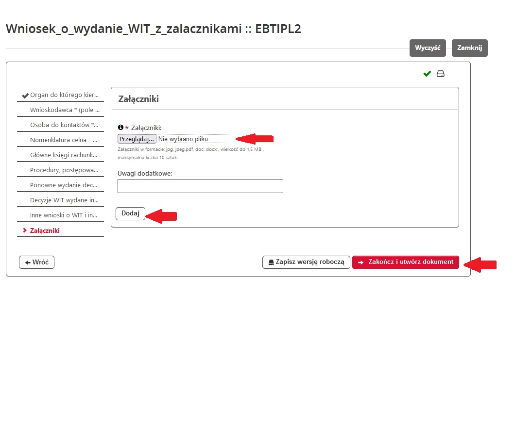 fragment ekranu systemu PUESC z czerwonymi strzałkami wskazującymi: pole, w którym umieścić załącznik, oraz „Dodaj” i „Zakończ i utwórz dokument”.