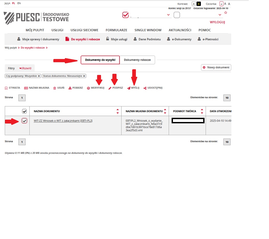fragment ekranu systemu PUESC z czerwonymi strzałkami wskazującymi na tekst: „Dokumenty do wysyłki”, „Weryfikuj”, „Podpisz”, „Wyślij” oraz pole wskazujące na dokument.
