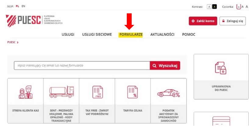 fragment ekranu systemu PUESC z zaznaczonym na żółto, z czerwoną strzałką wskazującą na tekst: FORMULARZE.