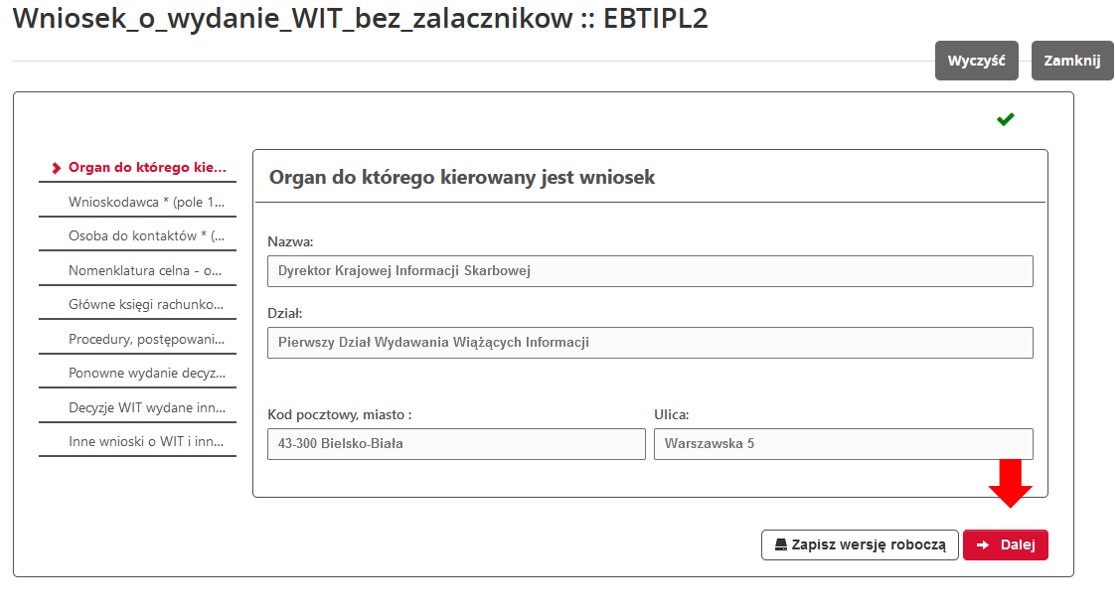 fragment ekranu systemu PUESC z czerwoną strzałką wskazującą na tekst: „Dalej”.