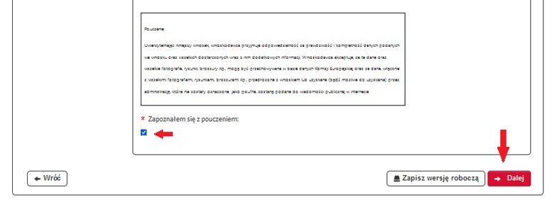 fragment ekranu systemu PUESC z czerwonymi strzałkami wskazującymi: na pole potwierdzające zapoznanie się z pouczeniem oraz na przycisk „Dalej”.