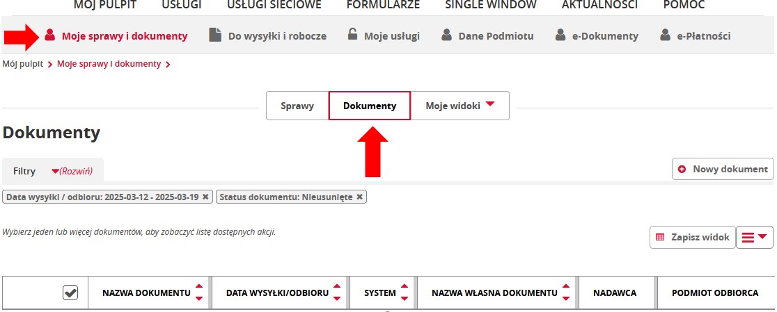 fragment ekranu systemu PUESC z czerwonymi strzałkami wskazującymi na tekst: „Moje sprawy i dokumenty”, oraz „Dokumenty”.