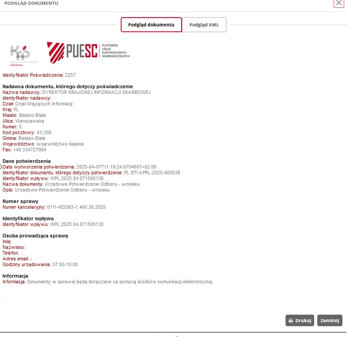 fragment ekranu systemu PUESC przedstawiający podgląd dokumentu.