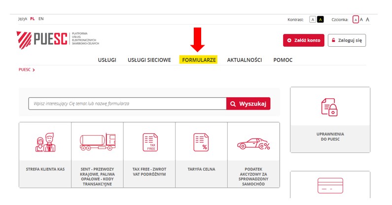 fragment ekranu systemu PUESC z zaznaczonym na żółto, z czerwoną strzałką wskazującą na tekst: FORMULARZE.