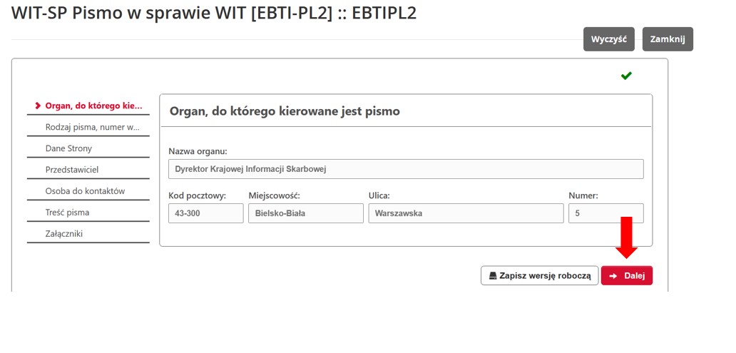 fragment ekranu systemu PUESC z czerwoną strzałką wskazującą na tekst: „Dalej”.