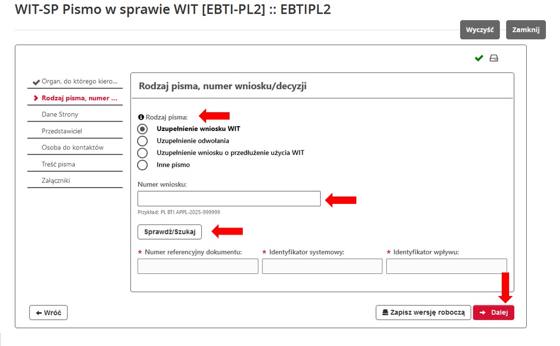fragment ekranu systemu PUESC, z czerwonymi strzałkami wskazującymi na pole: „Rodzaj pisma”, „Numer wniosku”, „Sprawdź/Szukaj” oraz „Dalej”.