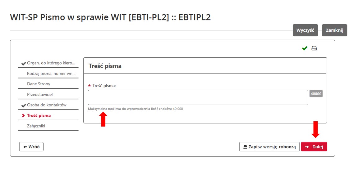fragment ekranu systemu PUESC z czerwonymi strzałkami wskazującymi pole, w którym należy wpisać „Treść  pisma” oraz „Dalej”.