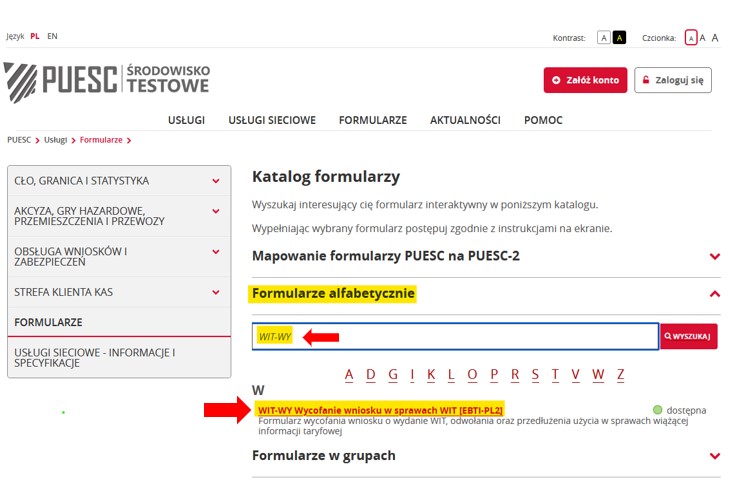 fragment ekranu systemu PUESC przedstawiający, jak wybierać formularze z listy z czerwonymi strzałkami wskazującymi na tekst WIT-WY oraz WIT-WY Wycofanie wniosku w sprawach WIT [EBTI-PL2].