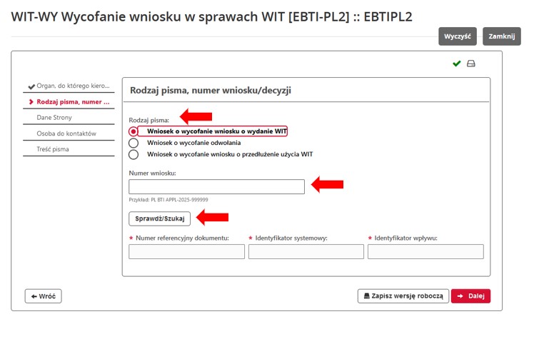 fragment ekranu systemu PUESC, z czerwonymi strzałkami wskazującymi na tekst: „Rodzaj pisma:”, „Numer wniosku:” oraz „Sprawdź/Szukaj”.
