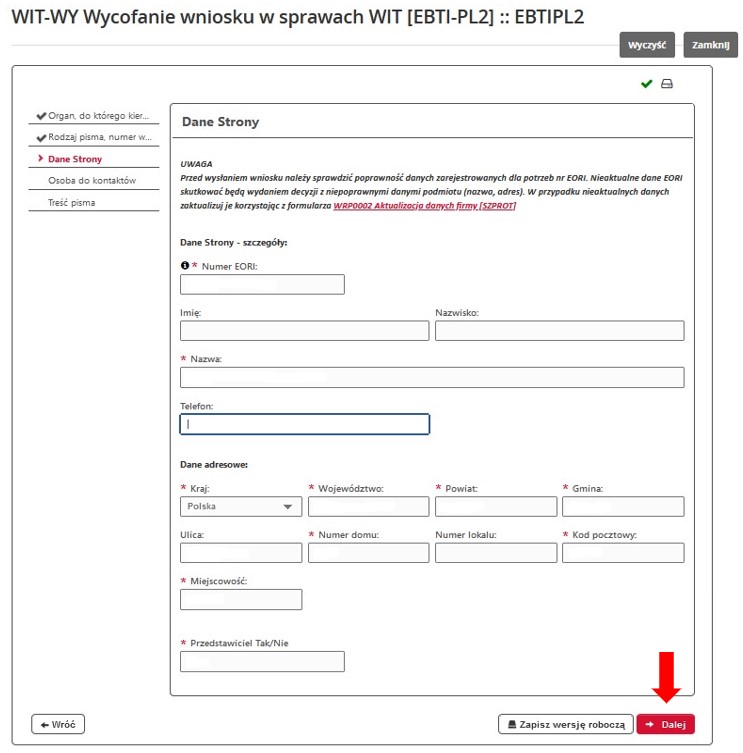 fragment ekranu systemu PUESC z czerwoną strzałką wskazującą na tekst: „Dalej”.