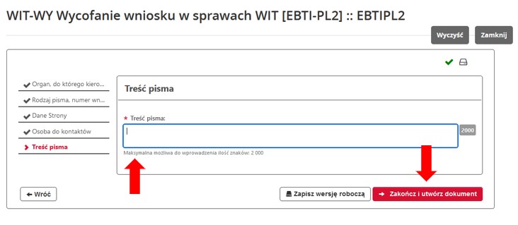 fragment ekranu systemu PUESC z czerwonymi strzałkami wskazującymi pole, w którym należy wpisać „Treść  pisma” oraz „Zakończ i utwórz dokument”.