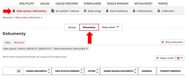 fragment ekranu systemu PUESC z czerwonymi strzałkami wskazującymi na tekst: „Moje sprawy i dokumenty” oraz „Dokumenty”.