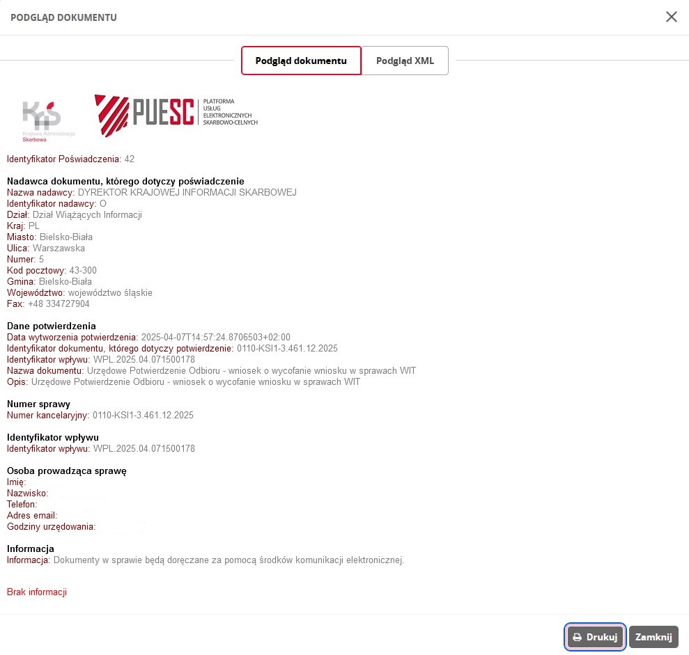 fragment ekranu systemu PUESC przedstawiający podgląd dokumentu.