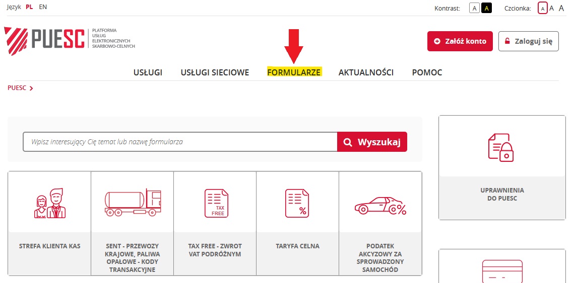 fragment ekranu systemu PUESC z zaznaczonym na żółto, z czerwoną strzałką wskazującą na tekst: FORMULARZE.