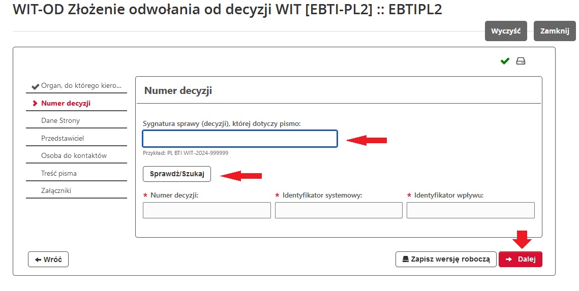 fragment ekranu systemu PUESC, z czerwonymi strzałkami wskazującymi na tekst: „Sygnatura sprawy (decyzji), której dotyczy pismo:”, „Sprawdź/Szukaj” oraz „Dalej”.