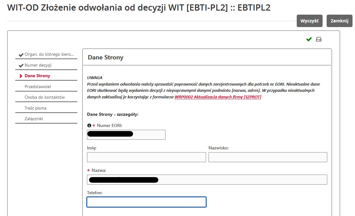 fragment ekranu systemu PUESC przedstawiającego Dane Strony.