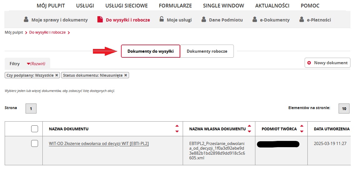 fragment ekranu systemu PUESC z czerwoną strzałką wskazującą na tekst: „Dokumenty do wysyłki”.