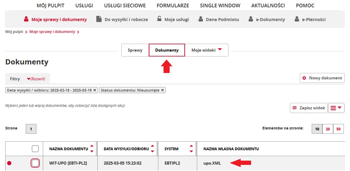 fragment ekranu systemu PUESC z czerwonymi strzałkami wskazującymi na tekst: „Dokumenty” oraz „upo.XML”.