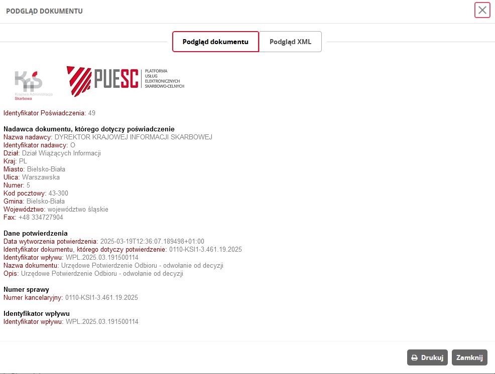 fragment ekranu systemu PUESC przedstawiający podgląd dokumentu.